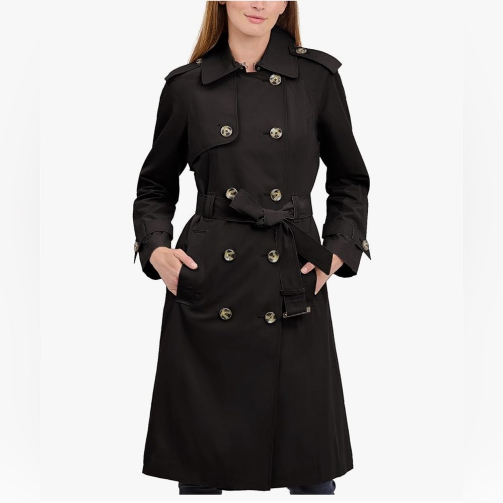 LONDON FOG womens Double-Breasted Long Trench Coat with Belt- Black -